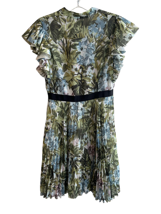Pinko Size 4 Green Polyester Short Sleeve V Neck Neck Tie Ruffle Detail Dress Green / 4