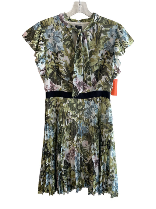 Pinko Size 4 Green Polyester Short Sleeve V Neck Neck Tie Ruffle Detail Dress Green / 4