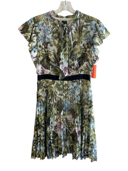 Pinko Size 4 Green Polyester Short Sleeve V Neck Neck Tie Ruffle Detail Dress Green / 4