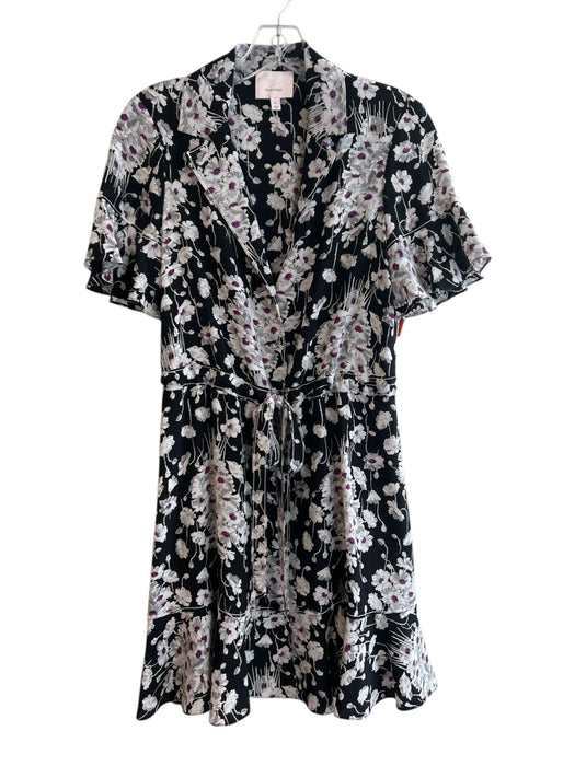 Cinq a Sept Size 0 Black Silk Short Sleeve Floral Print Button Front Dress Black / 0