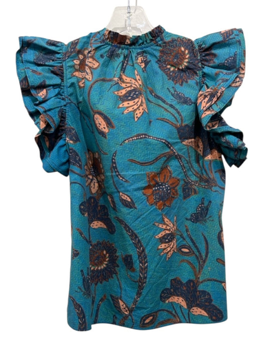 Ulla Johnson Size 2 Blue & Pink Cotton Ruffle Cap Sleeve Floral Print Top Blue & Pink / 2
