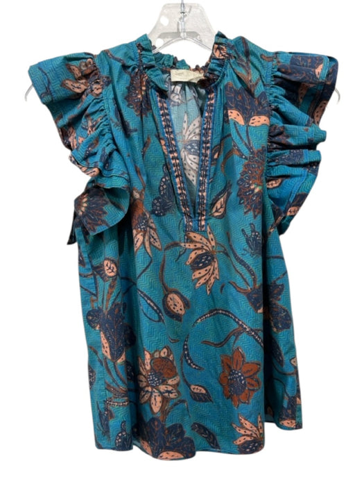 Ulla Johnson Size 2 Blue & Pink Cotton Ruffle Cap Sleeve Floral Print Top Blue & Pink / 2