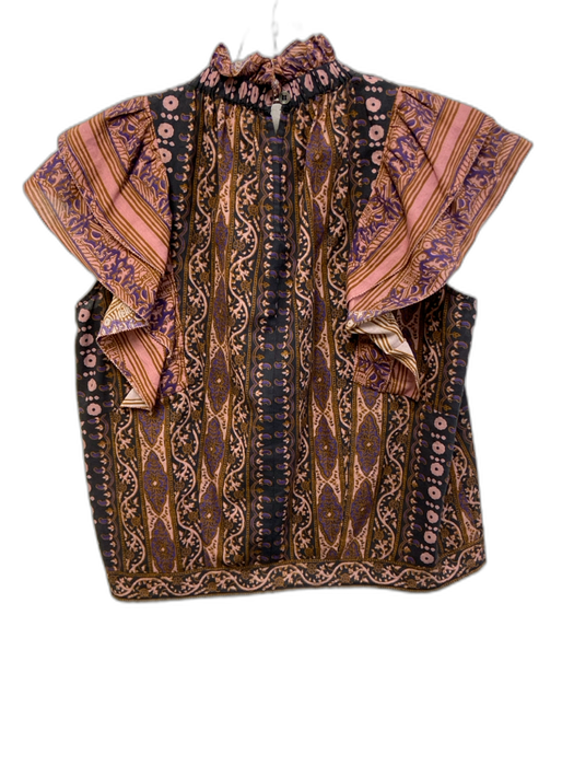 Othilia Size SP Brown & Mauve Cotton Blend Abstract Short Sleeve Ruffle Top Brown & Mauve / SP