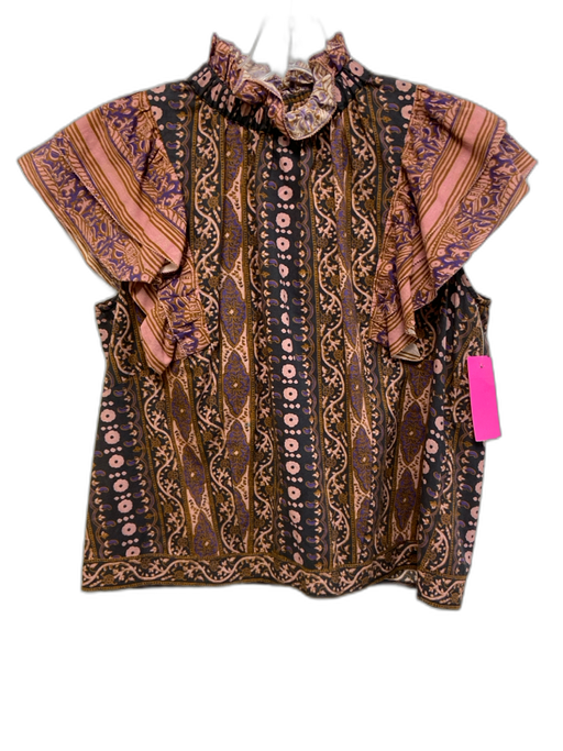 Othilia Size SP Brown & Mauve Cotton Blend Abstract Short Sleeve Ruffle Top Brown & Mauve / SP