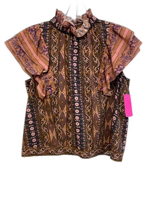 Othilia Size SP Brown & Mauve Cotton Blend Abstract Short Sleeve Ruffle Top Brown & Mauve / SP