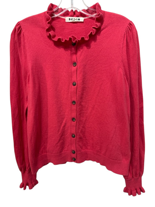 Boden Size M Salmon Pink Cotton Blend Knit Button Up Ruffle Neck Cardigan Salmon Pink / M