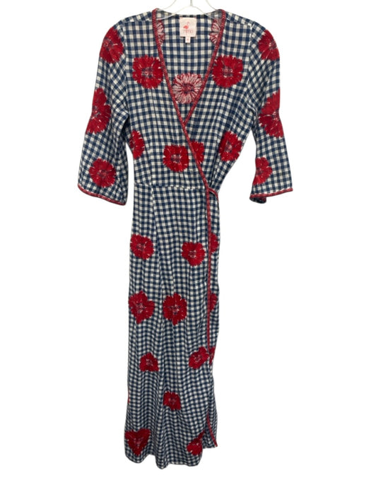 Nimo Size XS Blue, White, Red Cotton Blend 1/2 Sleeve Gingham Midi Dress Blue, White, Red / XS