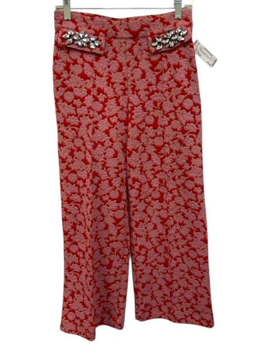 Zara Size Small Pink & Red Polyester Blend Floral Jeweled Application Pants Pink & Red / Small