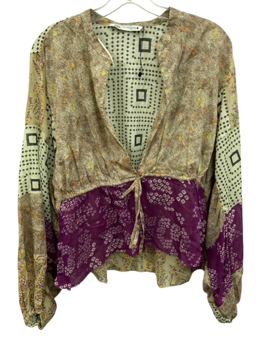 Zara Size M/L Beige & Purple Print Viscose Abstract Floral Skirt Set Beige & Purple Print / M/L
