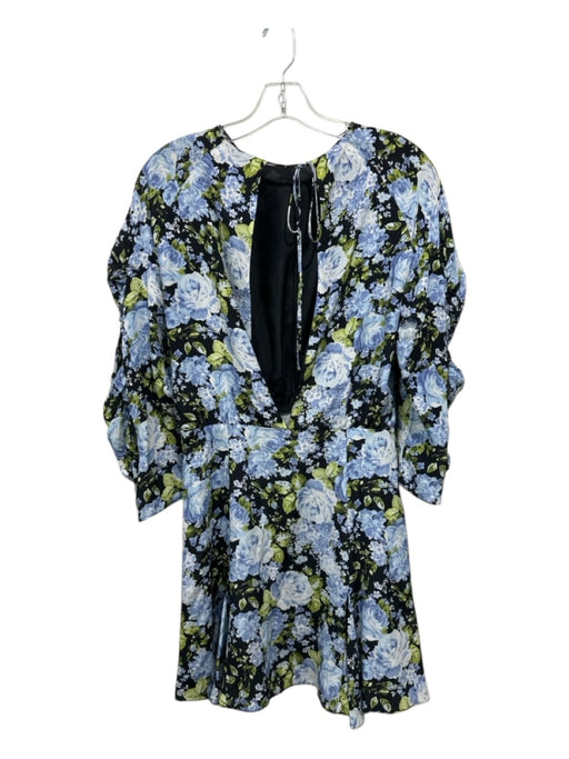 Les Reveries Size 2 Black, Blue & Green Silk Floral Short Sleeve Ruffle Dress Black, Blue & Green / 2
