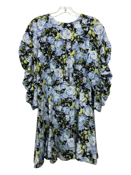 Les Reveries Size 2 Black, Blue & Green Silk Floral Short Sleeve Ruffle Dress Black, Blue & Green / 2