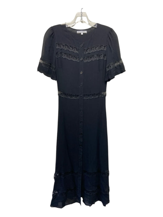 Reformation Size 2 Black Viscose Button Up Lace Detail Short Sleeve Tiered Dress Black / 2