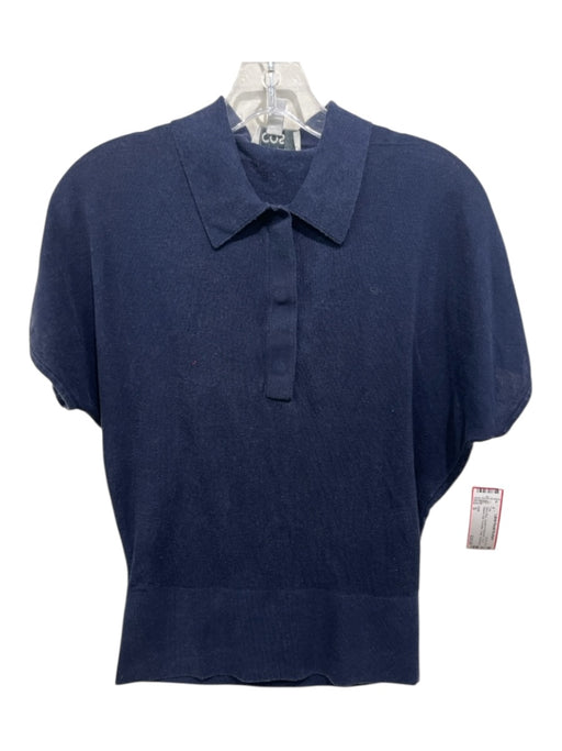 COS Size S Navy Blue Lyocell & Polyamide Short Sleeve Knit 1/4 Button Collar Top Navy Blue / S