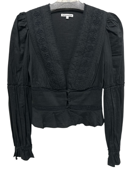 Reformation Size 0 Black Viscose Blend Long Sleeve Lace Trim Embroidered Top Black / 0