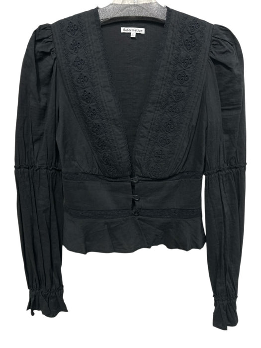 Reformation Size 0 Black Viscose Blend Long Sleeve Lace Trim Embroidered Top Black / 0