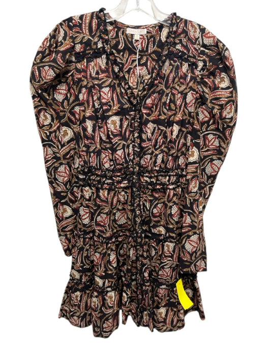 Anna Cate Size XS Black, Red, Brown Cotton Long puff sleeve Abstract Print Dress Black, Red, Brown / XS