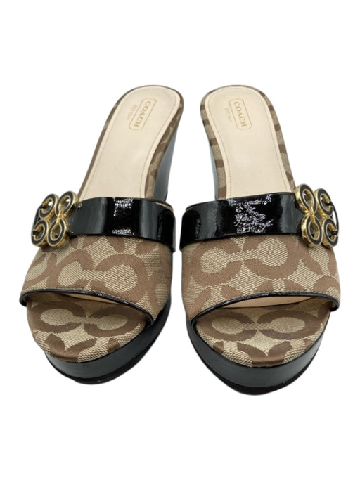 Coach Shoe Size 7.5 Beige & Brown Patent Leather Canvas Monogram Mule Sandals Beige & Brown / 7.5