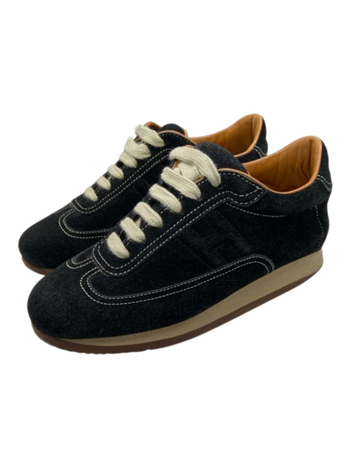 Hermes Shoe Size 37.5 Black & Cream Suede round toe Contrast Stiching Sneakers Black & Cream / 37.5