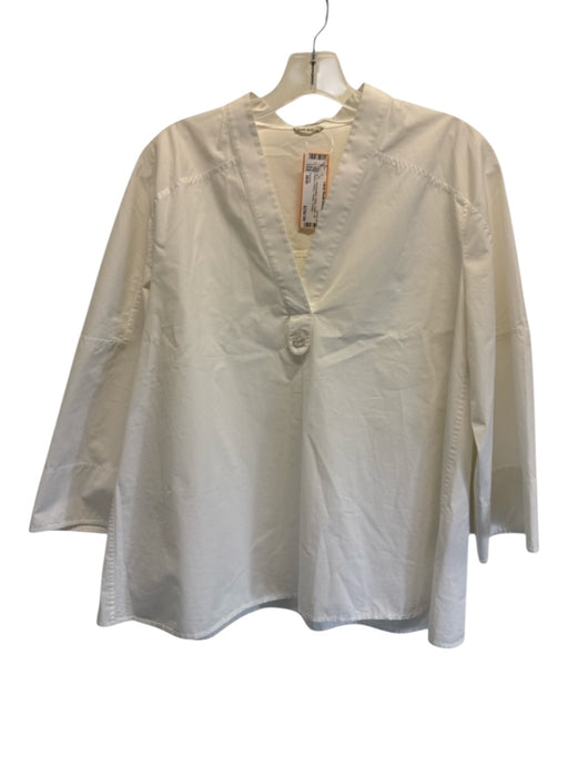 Hermes Size 38/M White Cotton 3/4 Sleeve V Neck 1 Button Vintage Top White / 38/M