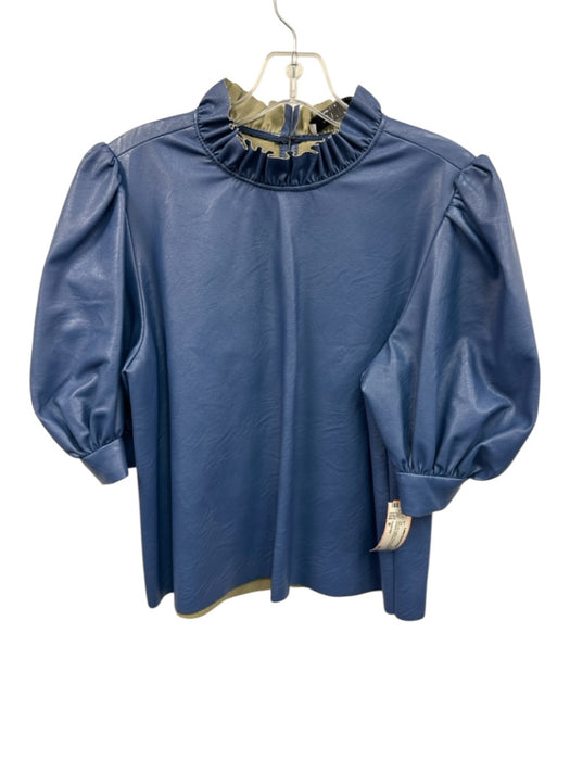 Hunter Bell Size M Blue PU Leather Keyhole Back Ruffle Neckline Puff Sleeve Top Blue / M