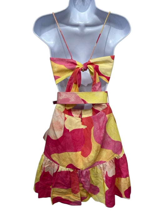 Rebecca Vallance Size 6 Pink & Yellow Linen & Rayon Tie Detail Cutout Mini Dress Pink & Yellow / 6