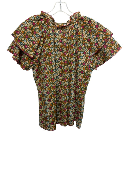 Olivia James the Label Size Large Green, Pink, Brown Cotton Floral Tie Neck Top Green, Pink, Brown / Large
