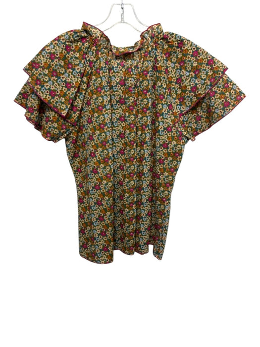 Olivia James the Label Size Large Green, Pink, Brown Cotton Floral Tie Neck Top Green, Pink, Brown / Large