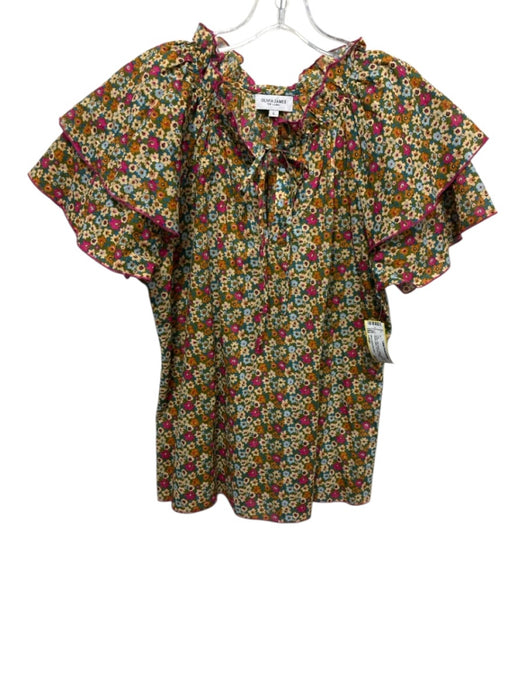 Olivia James the Label Size Large Green, Pink, Brown Cotton Floral Tie Neck Top Green, Pink, Brown / Large