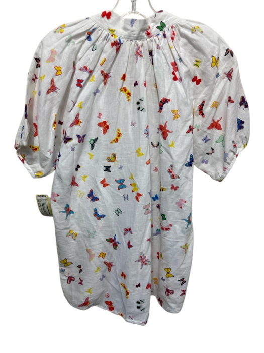 Sheridan French Size Small White & Multi Linen Short Puff Sleeve Butterflies Top White & Multi / Small