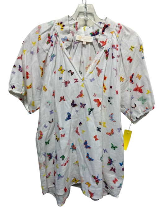 Sheridan French Size Small White & Multi Linen Short Puff Sleeve Butterflies Top White & Multi / Small