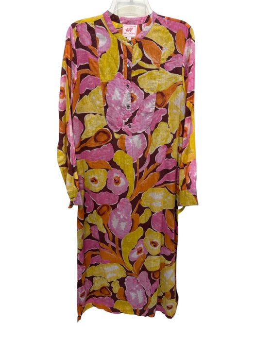 Banjanan Size Large Brown, Yellow, Pink Long Sleeve Abstract Floral Darted Dress Brown, Yellow, Pink / Large