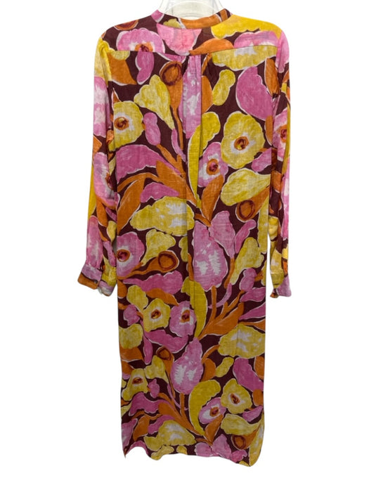 Banjanan Size Large Brown, Yellow, Pink Long Sleeve Abstract Floral Darted Dress Brown, Yellow, Pink / Large