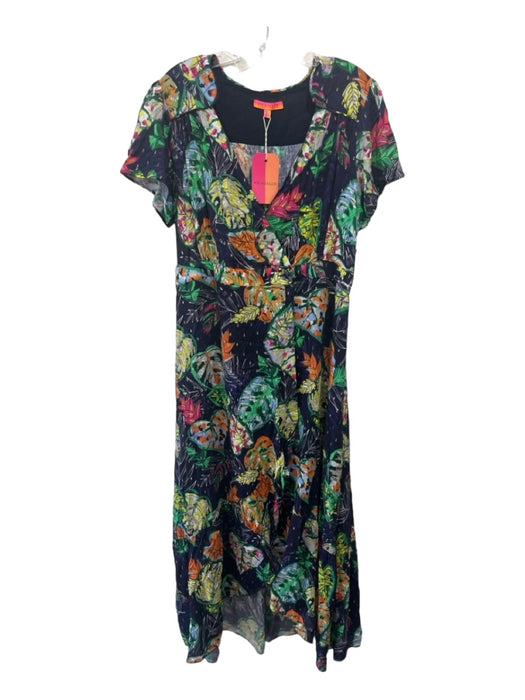 Vilagallo Size 44 Navy & Multi Viscose Surplice Floral Flutter Cap Sleeve Dress Navy & Multi / 44