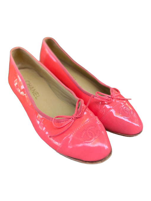 Chanel Shoe Size 39 Coral Pink Patent Leather Bow Flats Coral Pink / 39