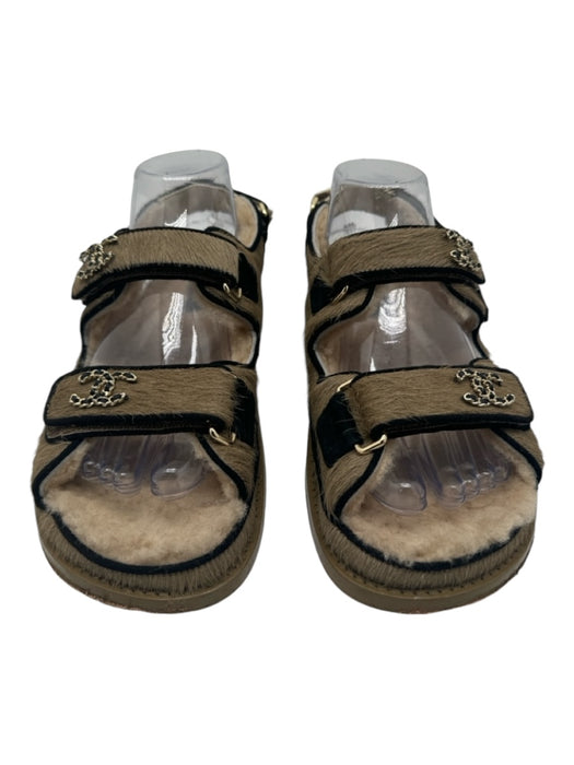 Chanel Shoe Size 39 Beige & Black Cow Hair Fur interior Velcro Strap Sandals Beige & Black / 39