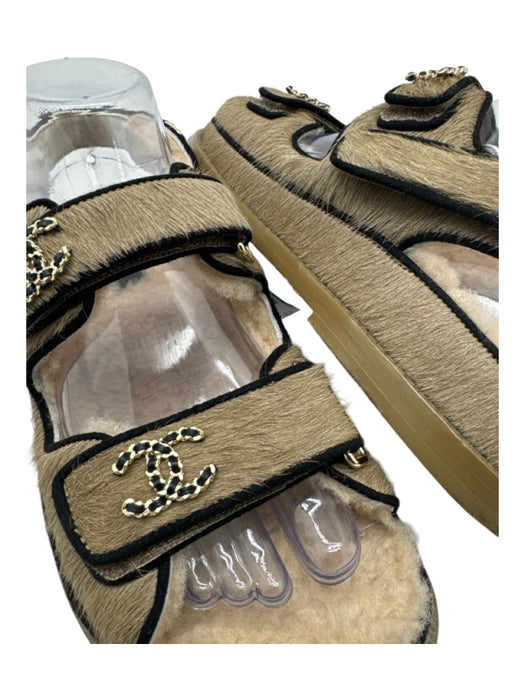 Chanel Shoe Size 39 Beige & Black Cow Hair Fur interior Velcro Strap Sandals Beige & Black / 39