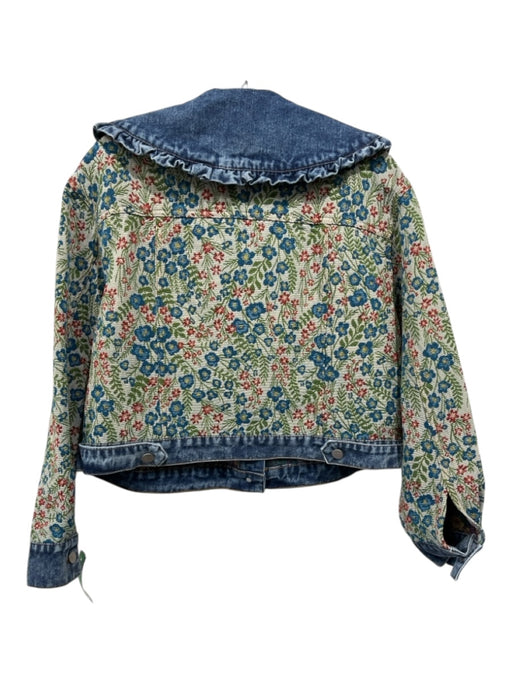 No Brand Size S/M Blue & Multi Cotton Denim Jacquard Floral Crop Jacket Blue & Multi / S/M