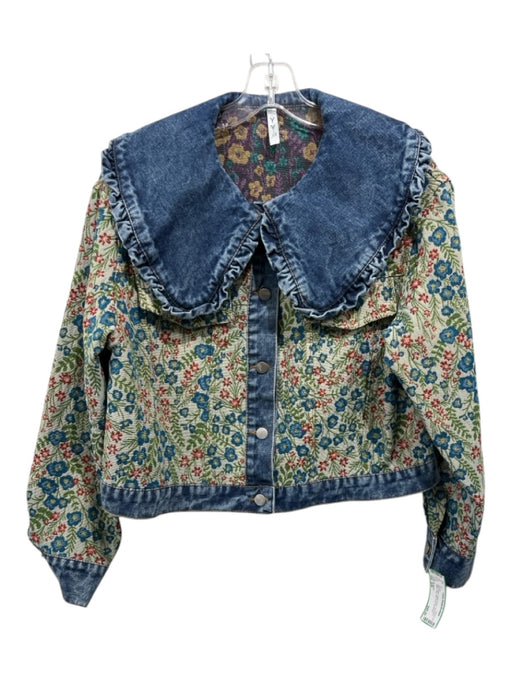 No Brand Size S/M Blue & Multi Cotton Denim Jacquard Floral Crop Jacket Blue & Multi / S/M