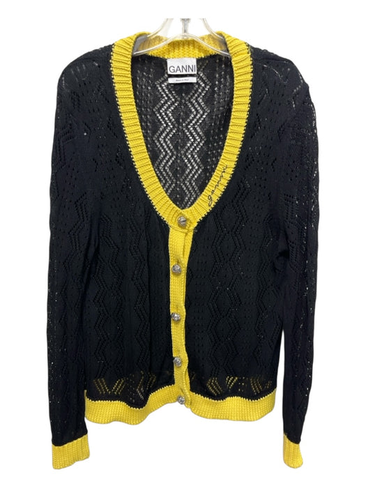 Ganni Size L Black & Yellow Long Sleeve Loose Knit Bedazzled Buttons Cardigan Black & Yellow / L