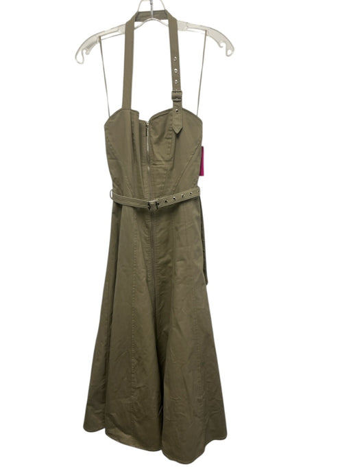 Nicholas Size 6 Olive Green Cotton Sleeveless Zip Up Neck Strap Midi Dress Olive Green / 6