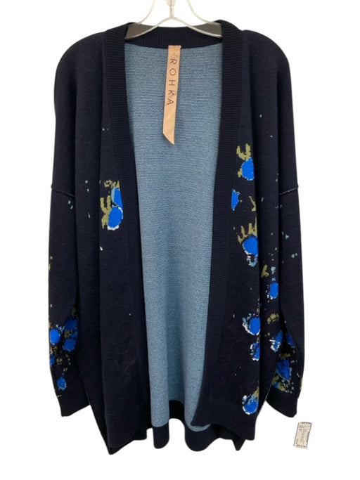 ROHKA Size M Navy blue & green Wool Floral Knit Open Front Ribbed Hem Sweater Navy blue & green / M