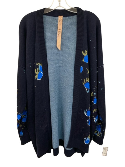 ROHKA Size M Navy blue & green Wool Floral Knit Open Front Ribbed Hem Sweater Navy blue & green / M