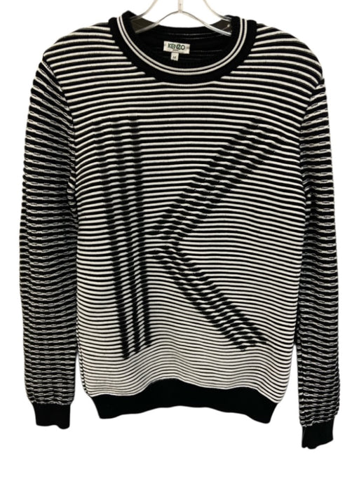 Kenzo Size M Black & White Cotton Blend Ribbed Knit Striped Logo Sweater Black & White / M