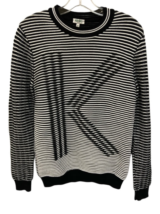 Kenzo Size M Black & White Cotton Blend Ribbed Knit Striped Logo Sweater Black & White / M