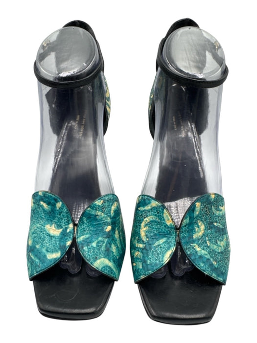 Dries Van Noten Shoe Size 39 Teal blue & Cream Leather Upper Printed Sandals Teal blue & Cream / 39