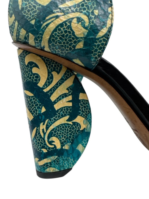 Dries Van Noten Shoe Size 39 Teal blue & Cream Leather Upper Printed Sandals Teal blue & Cream / 39