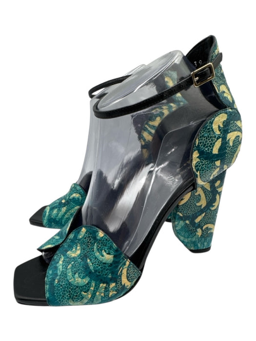 Dries Van Noten Shoe Size 39 Teal blue & Cream Leather Upper Printed Sandals Teal blue & Cream / 39