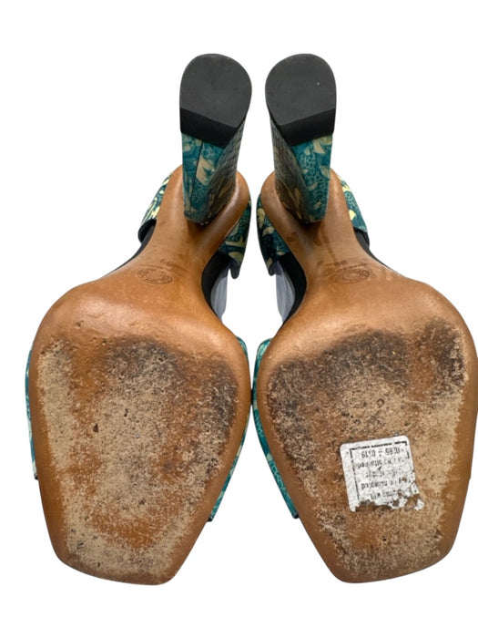 Dries Van Noten Shoe Size 39 Teal blue & Cream Leather Upper Printed Sandals Teal blue & Cream / 39