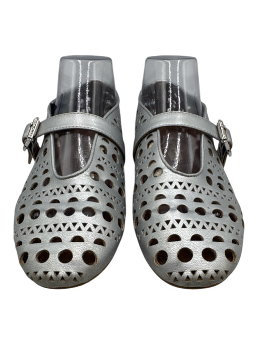 Alaia Shoe Size 39 Silver Leather Upper Laser Cut Geometric Round Toe Flats Silver / 39