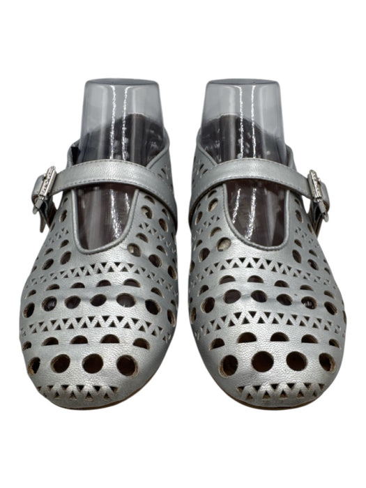 Alaia Shoe Size 39 Silver Leather Upper Laser Cut Geometric Round Toe Flats Silver / 39